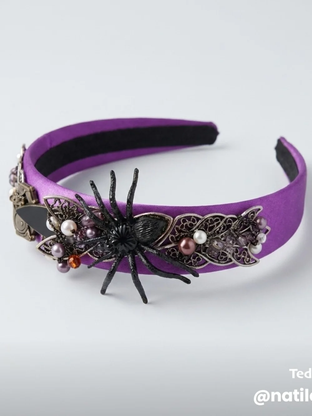 Purple Satin Headband with Decorative Spider and Bead Accents